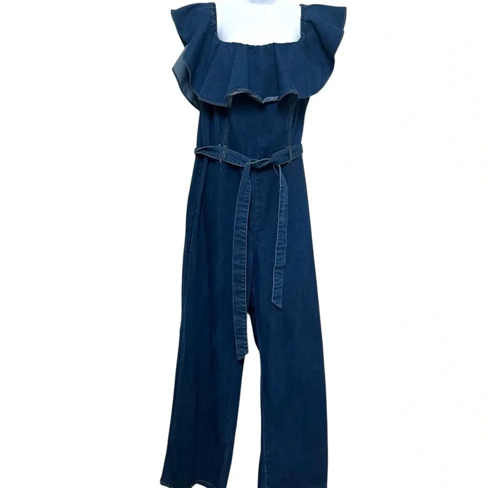 Denim Wide Leg‎ Ruffle Neckline Jumpsuit Size 3XL